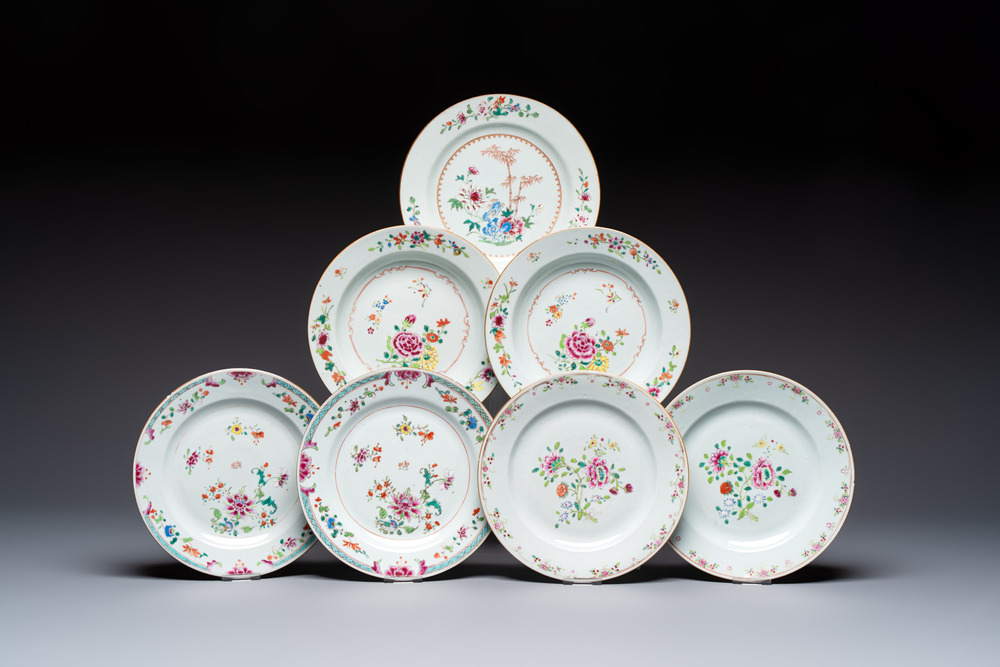 Seven Chinese famille rose plates with floral design, Qianlong