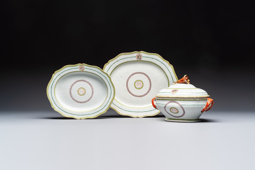 A Chinese famille rose serving dish, a covered tureen and stand with the arms of Peter van Hemert for the Danish market, Qianlong, ca. 1780
