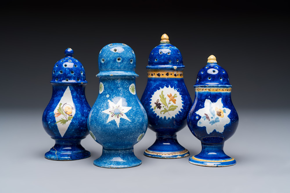 Four polychrome Brussels faience casters, 18/19th C.