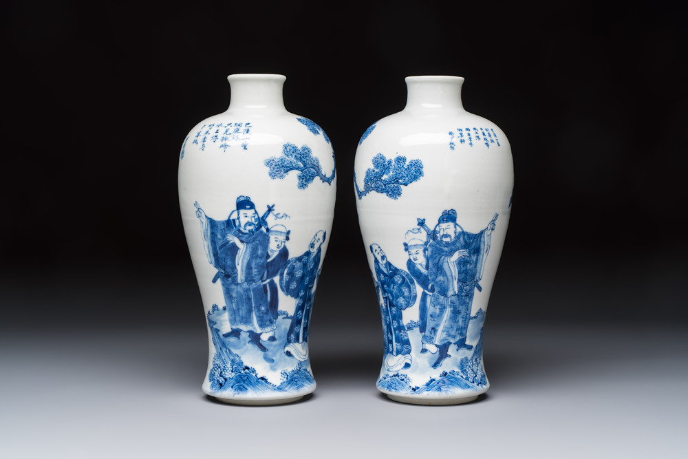 A pair of Chinese blue and white 'Meiping' vases with figures and a poem, signed Xu Banqiu 徐半秋, Kangxi mark, 19th C.