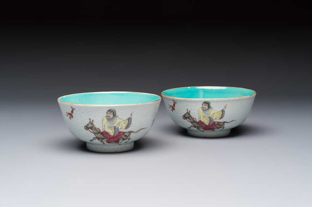A pair of Chinese famille rose sgraffiato-ground 'Zhang Guolao' bowls, Daoguang mark and of the period