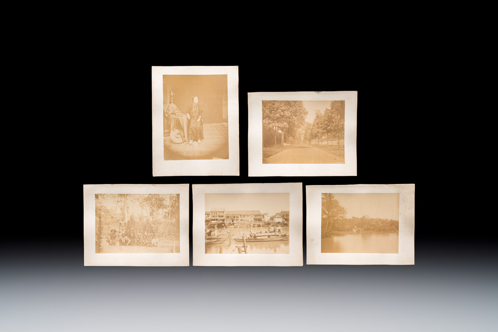 Five photographs of Saigon, depicting street views, figures and river scenes, late 19/early 20th C.