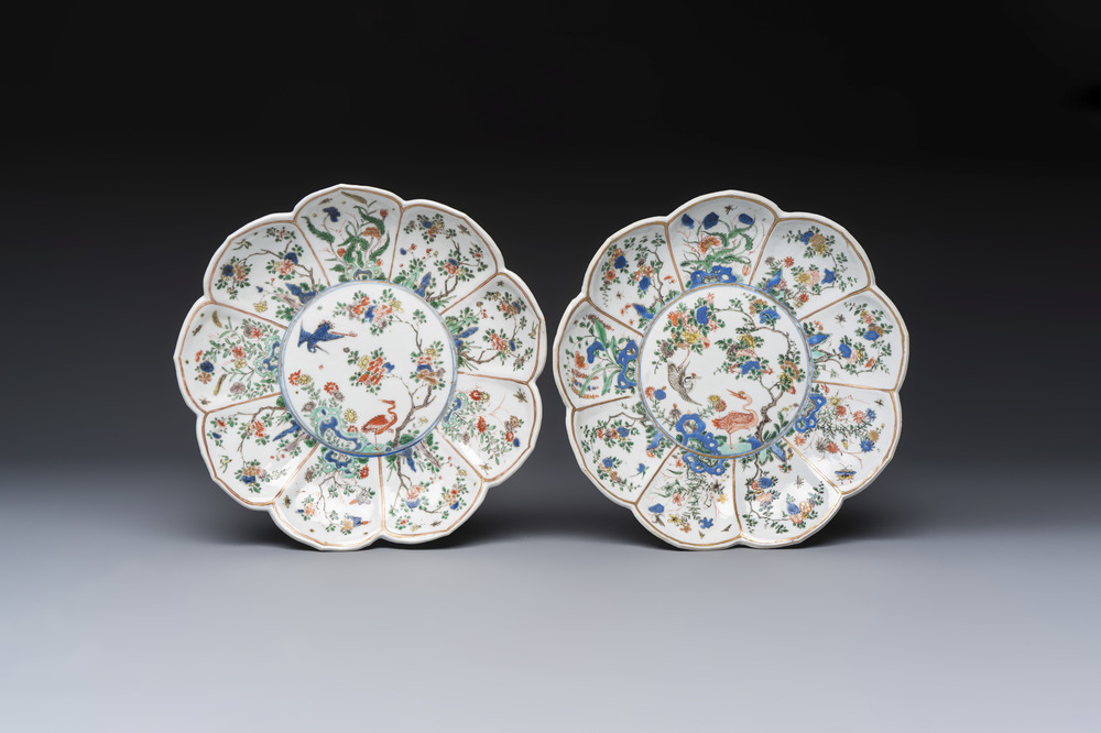 Two Chinese famille verte lotus-shaped plates, Johanneum mark, ex-collection of August the Strong, Kangxi
