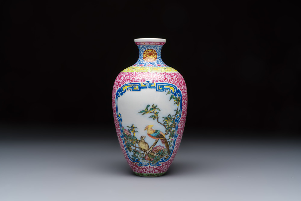 A Chinese falangcai 'Birds among Flowering Branches' vase, Qianlong mark, Republic