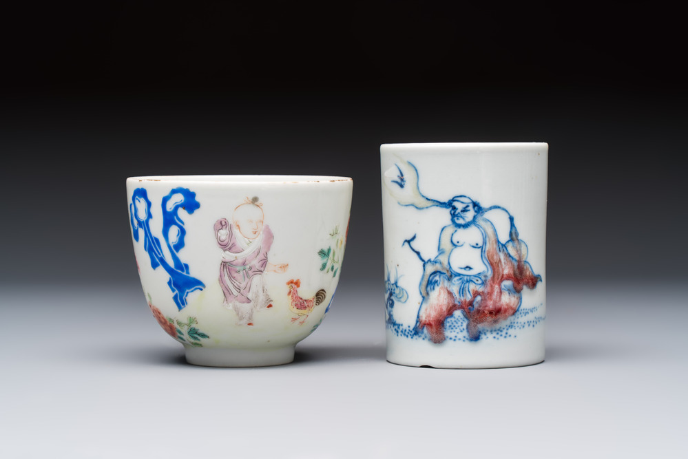 A Chinese famille rose 'Chicken' cup and a blue, white, and copper-red 'Li Tieguai' brush pot, Qianlong mark, 20th C.