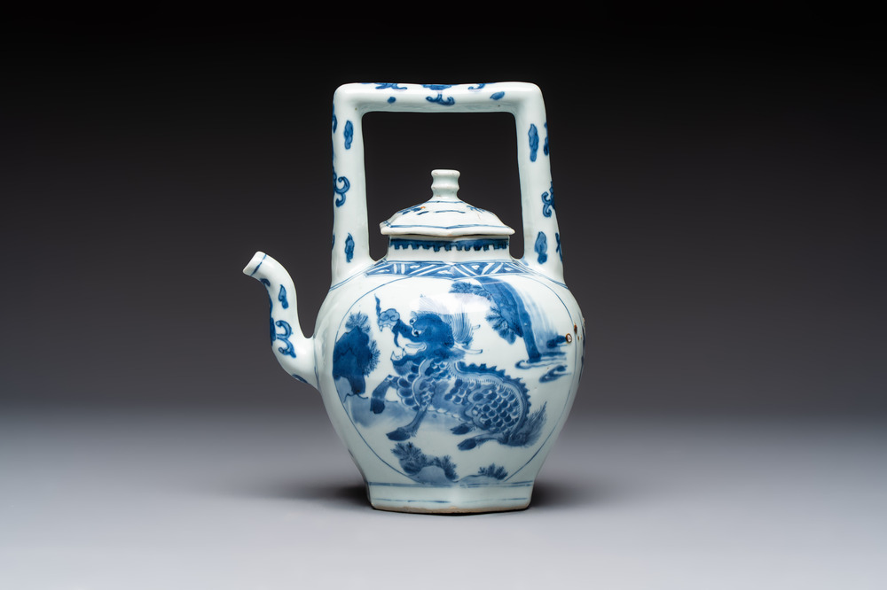A Chinese blue and white 'Mythical Beasts' wine pot and cover, Transitional period