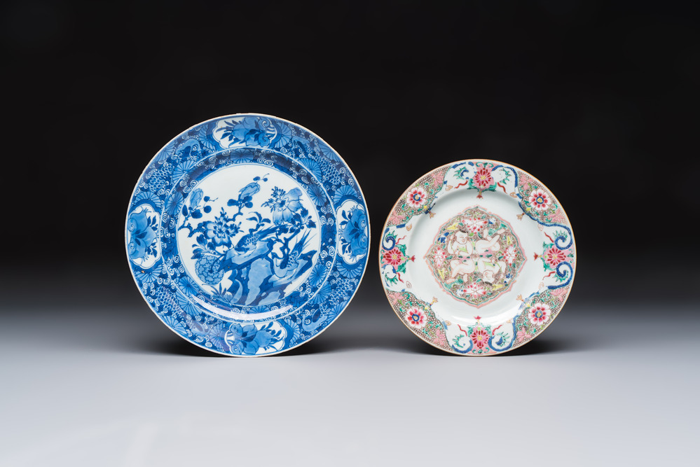 A Chinese blue and white dish with floral design and a famille rose 'HeHe Erxian' plate, Kangxi/Yongzheng
