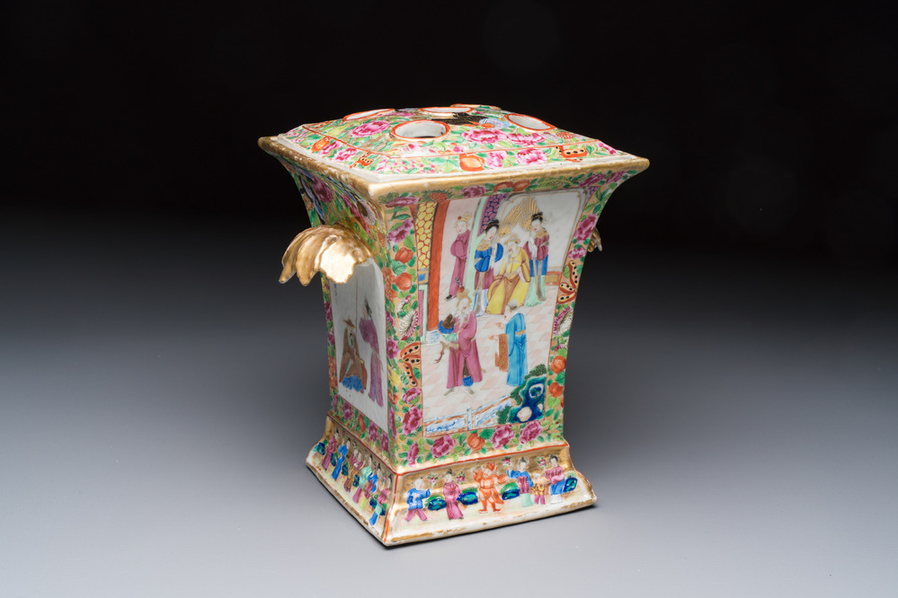 A Chinese Canton famille rose bough pot with narrative design, 19th C.