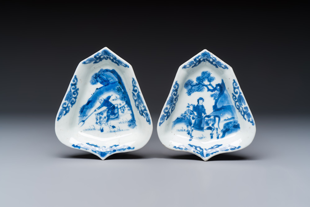 A pair of Chinese blue and white 'Rider on Horseback' sweetmeat dishes, Kangxi