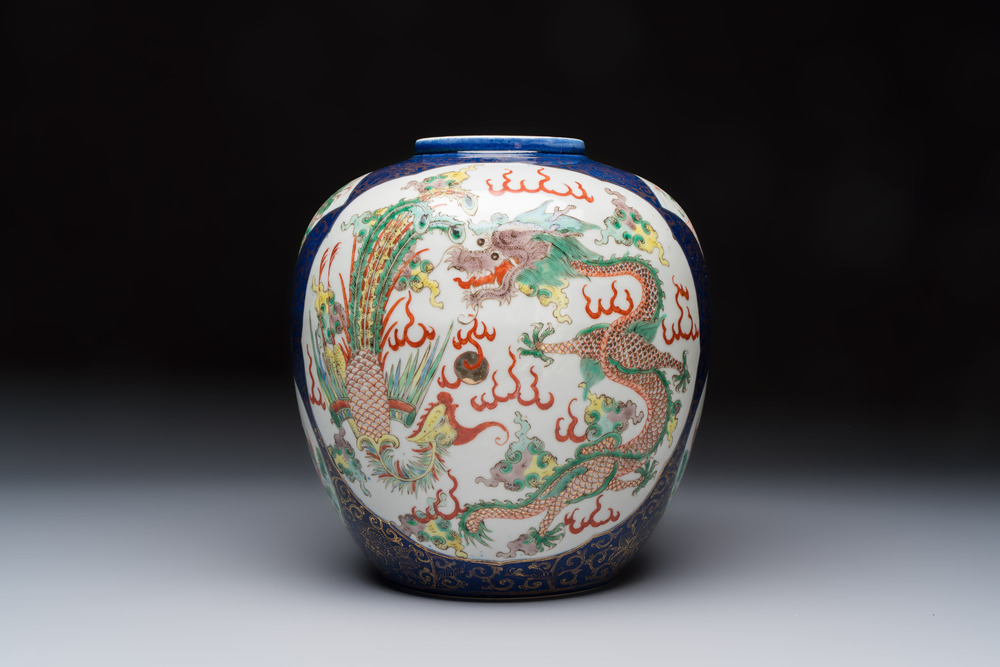 A Chinese famille verte gilt-decorated blue-ground 'Dragon and Phoenix' vase, Kangxi mark, 19th C.