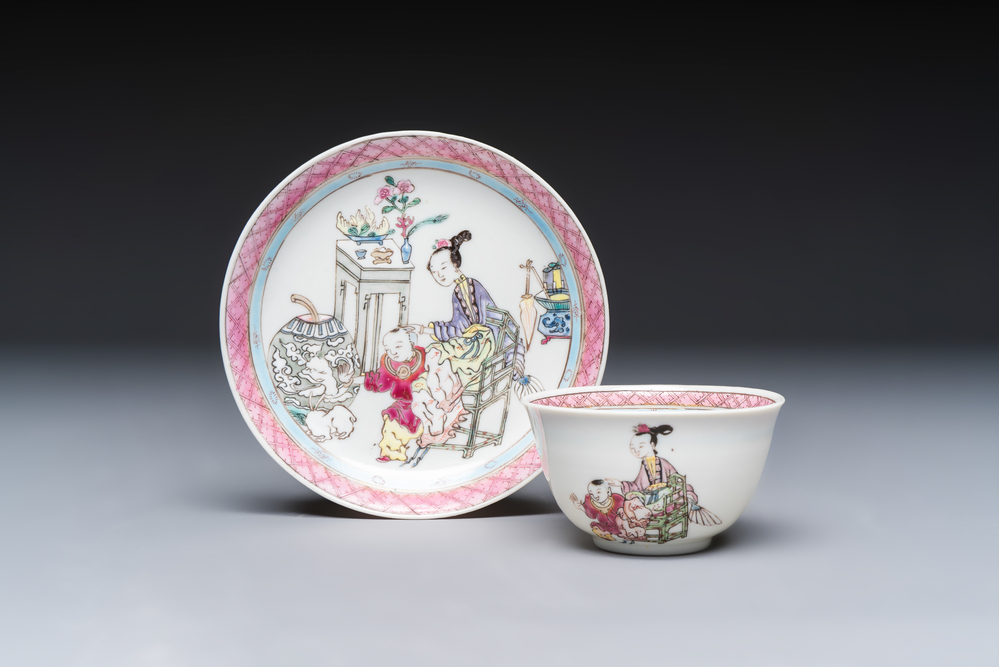 A fine Chinese famille rose 'Court Lady and a Boy' cup and saucer, Yongzheng