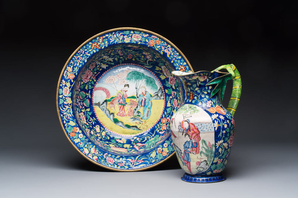 A large Chinese Canton enamel basin and jug with narrative design, early 19th C.