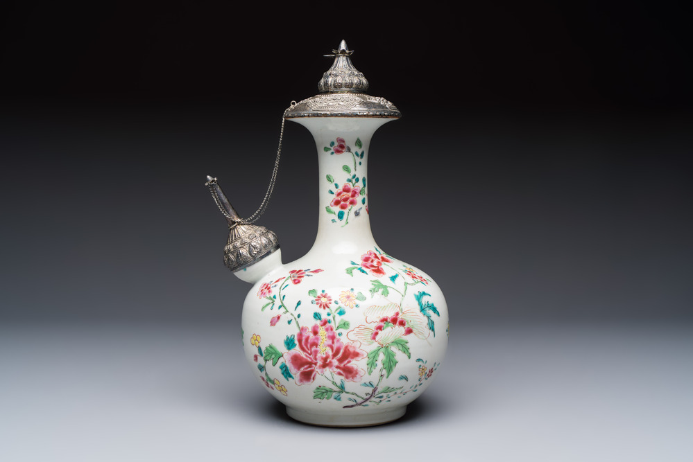 A silver-mounted Chinese famille rose kendi with floral design, Qianlong