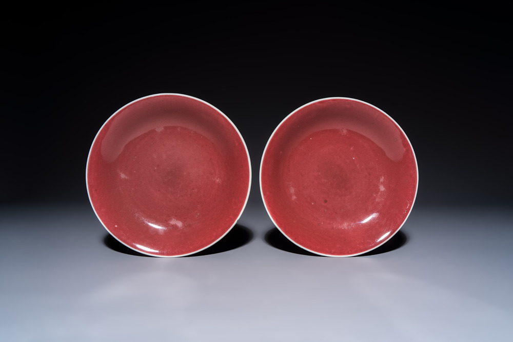 A pair of Chinese copper-red-glazed plates, Qianlong mark and of the period