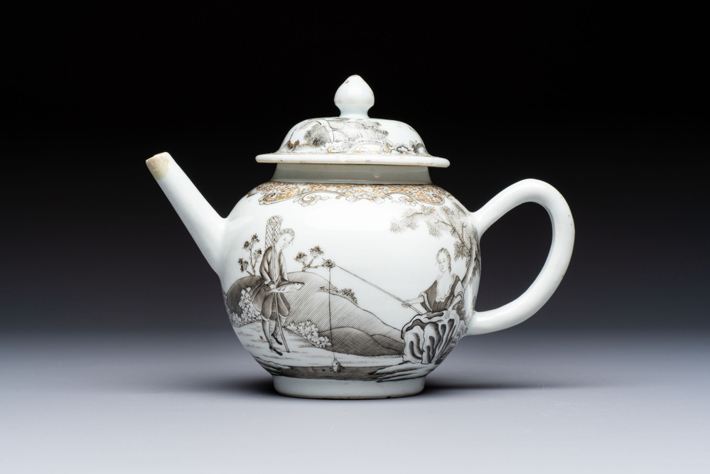 A Chinese export grisaille and gilt-decorated 'European Subject' teapot and cover, Qianlong