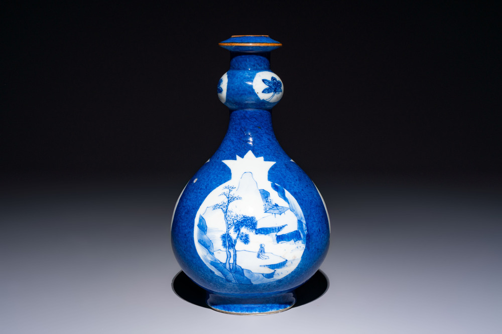 A Chinese blue and white powder-blue-ground hookah base, Kangxi