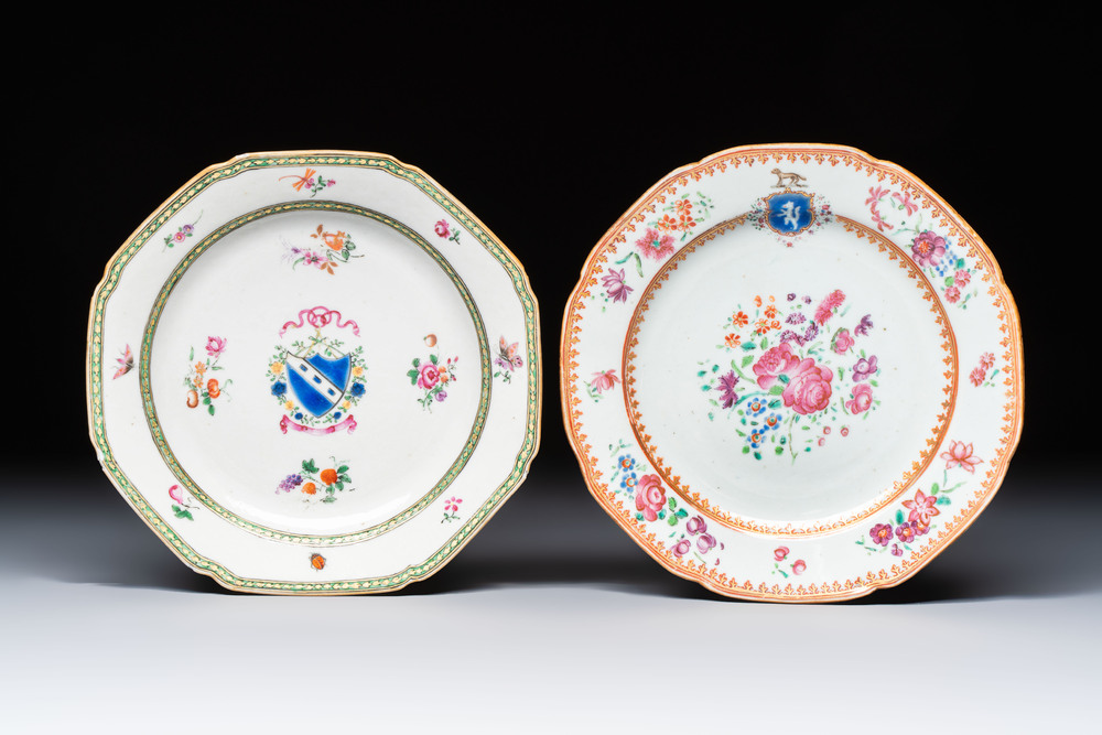 Two Chinese famille rose armorial saucers, Qianlong
