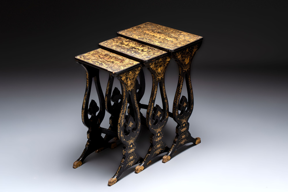 A set of three Chinese Canton gilt-lacquered nesting tables with narrative design, 19th C.