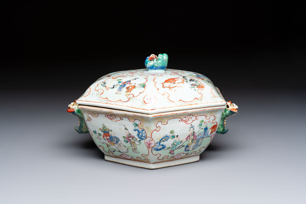 A Chinese Canton famille rose hexagonal tureen and cover, Qianlong