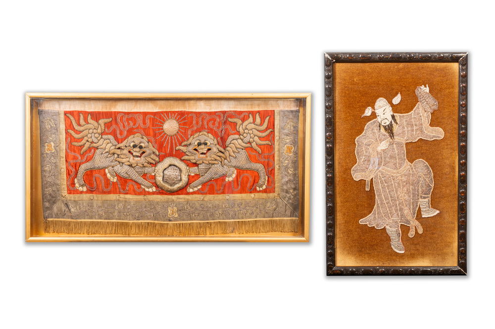 Two Chinese gold and silver-thread-embroidered silk panels with Buddhist lions and Guandi, 19th C.