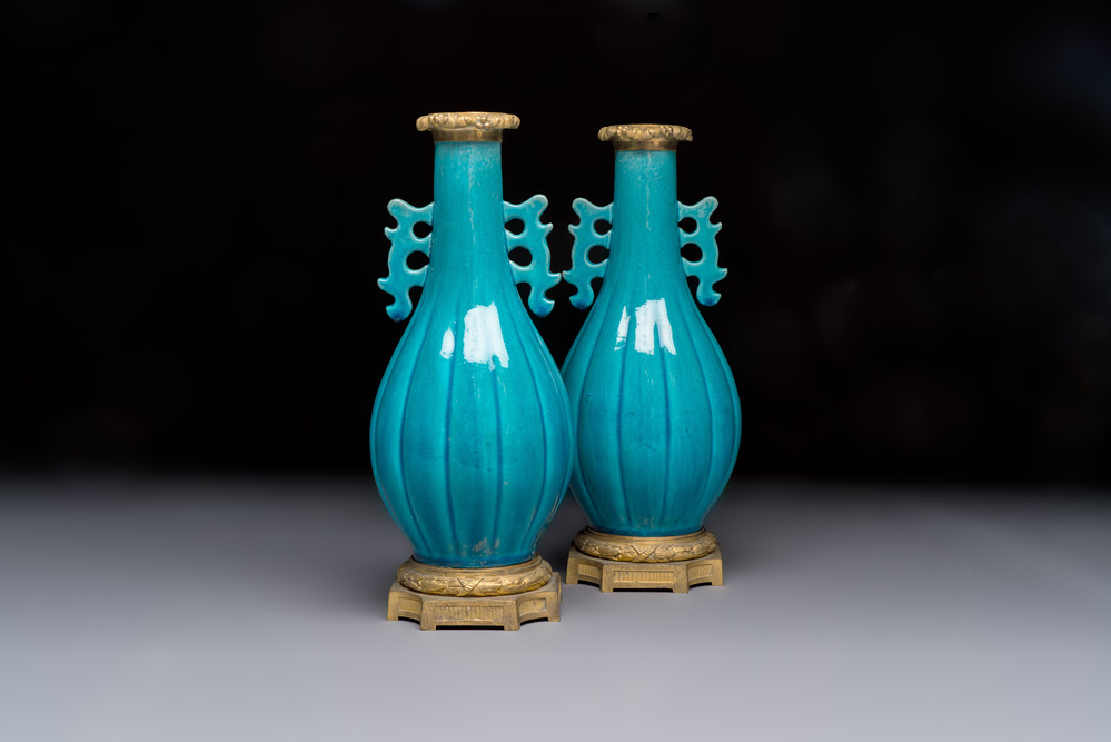 A pair of gilt-bronze-mounted Chinese turquoise-glazed vases, 19th C.