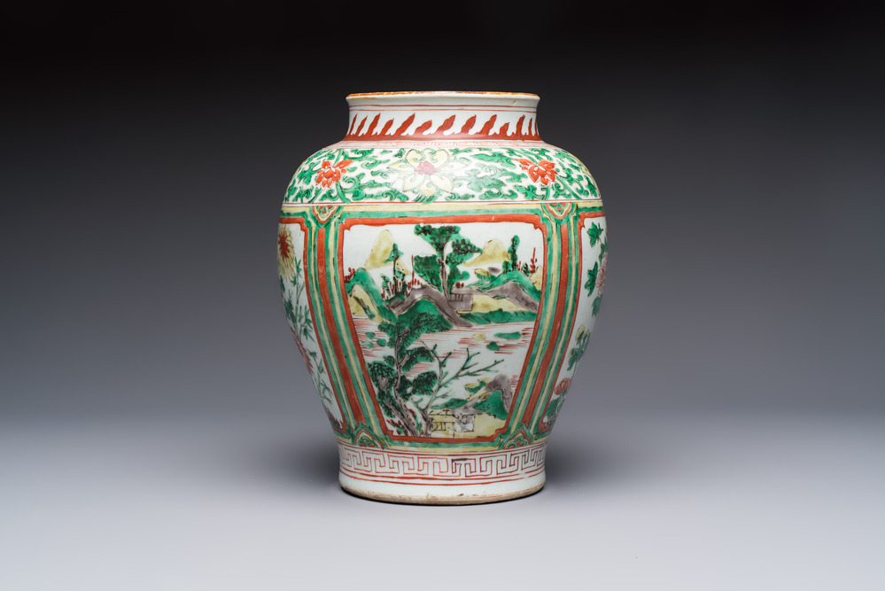 A Chinese wucai 'Landscapes and Flowers' vase, Transitional period