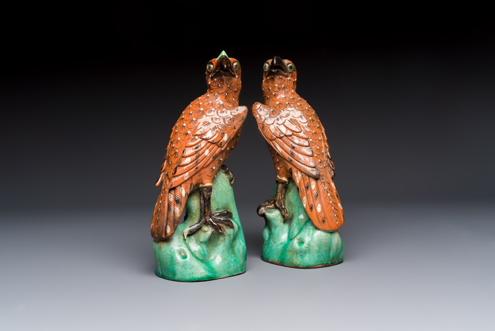 A pair of Chinese polychrome-glazed hawks, 20th C.