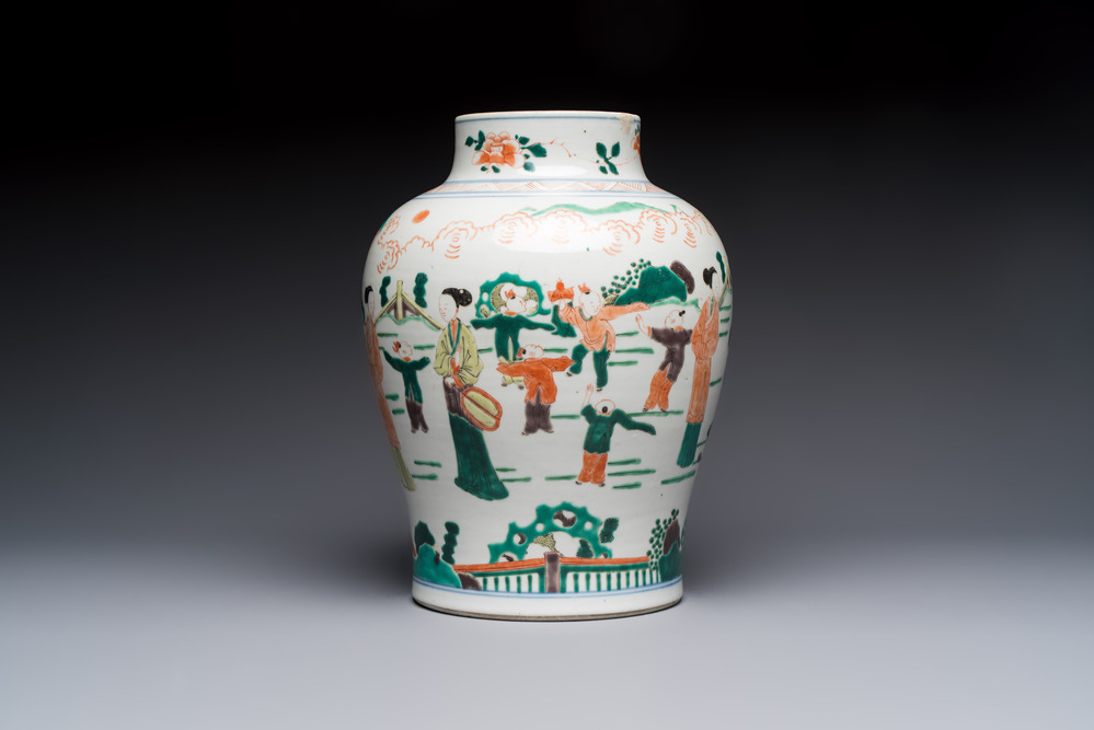A Chinese famille verte 'Elegant Beauties and Playing Boys' vase, 19th C.