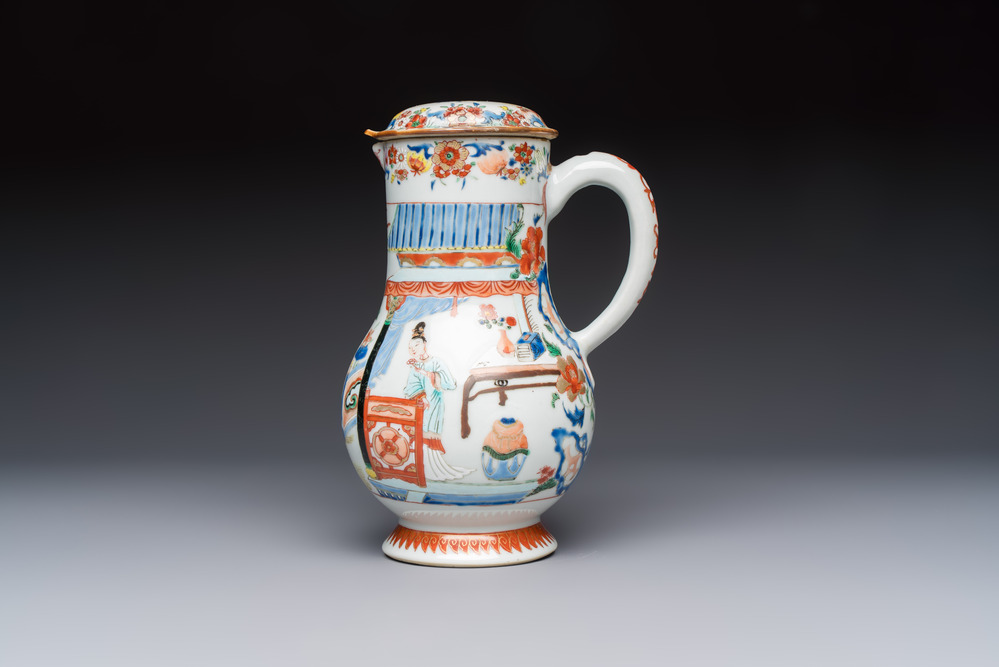 A Chinese export famille rose 'Xi Xiang Ji' jug and cover, Yongzheng/Qianlong