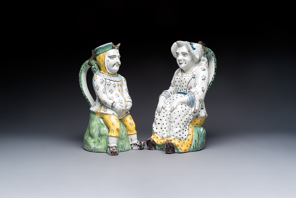 A pair of polychrome Brussels faience 'Jacqueline et Jacquot' table fountains, late 18th C.