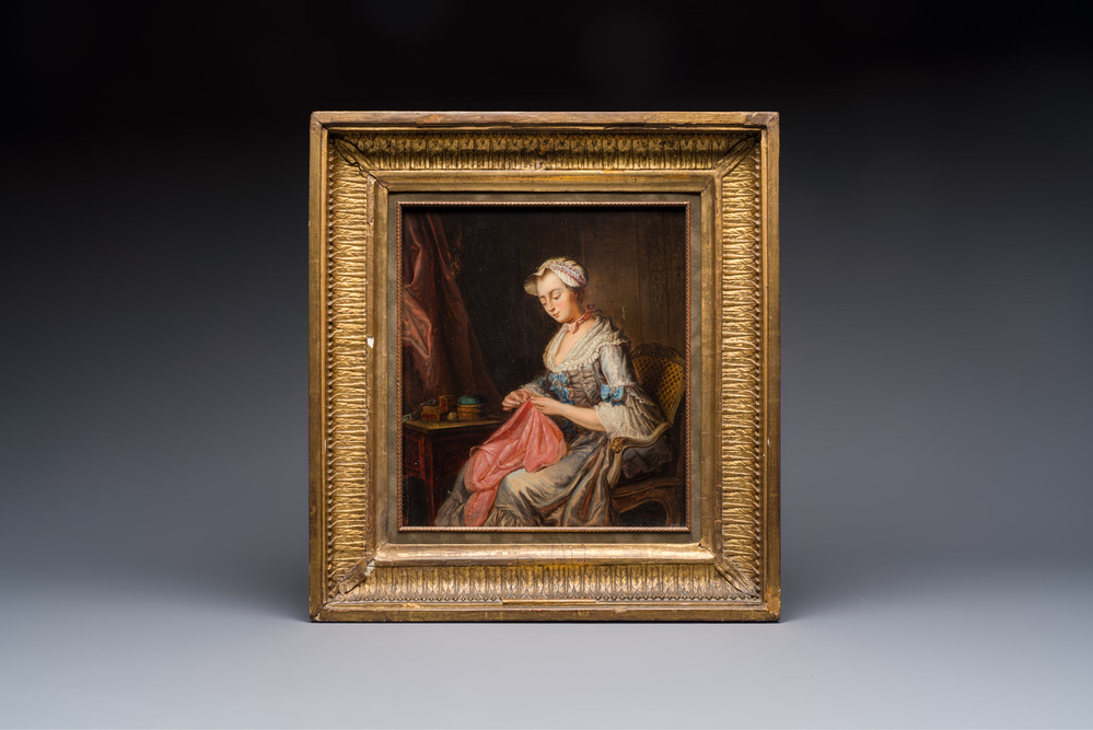 Jean-Gaspard Heilmann (France, 1718 - 1760): 'The Seamstress', oil on panel, 18th C.