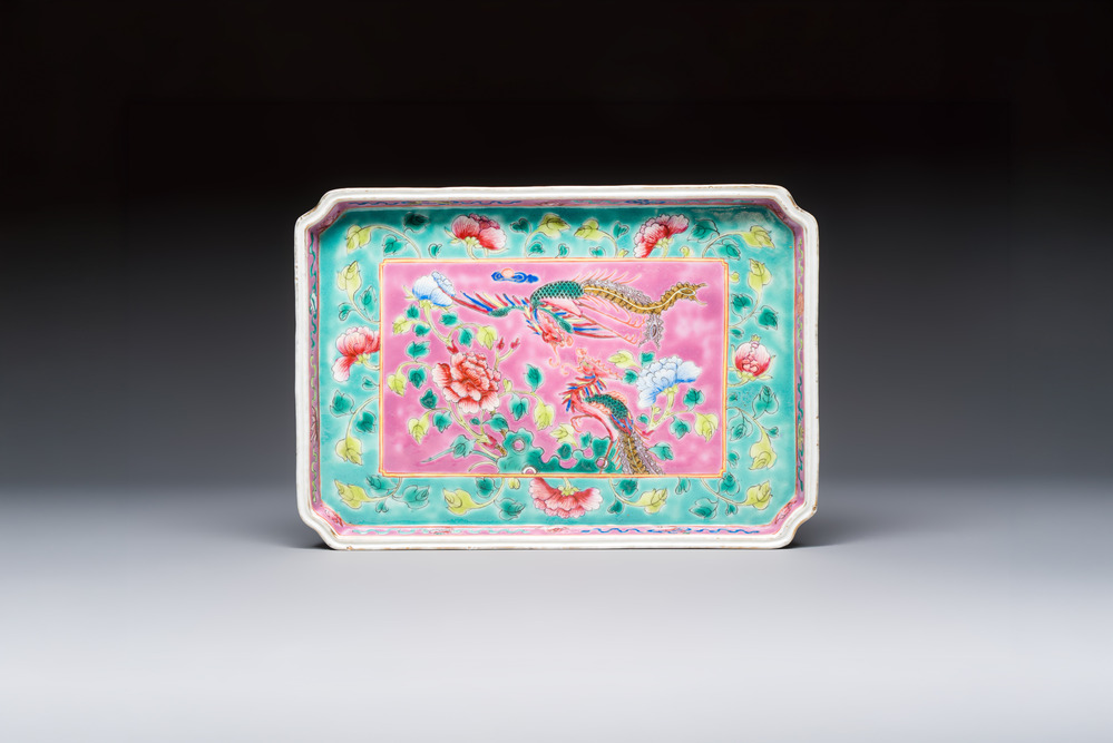 A Chinese famille rose 'Phoenixes and Peonies' tray for the Straits or Peranakan market, 19th C.