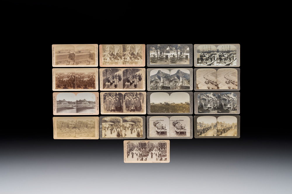 17 stereoview cards with views of China, depicting street scenes, architecture and daily life, 19/20th C.
