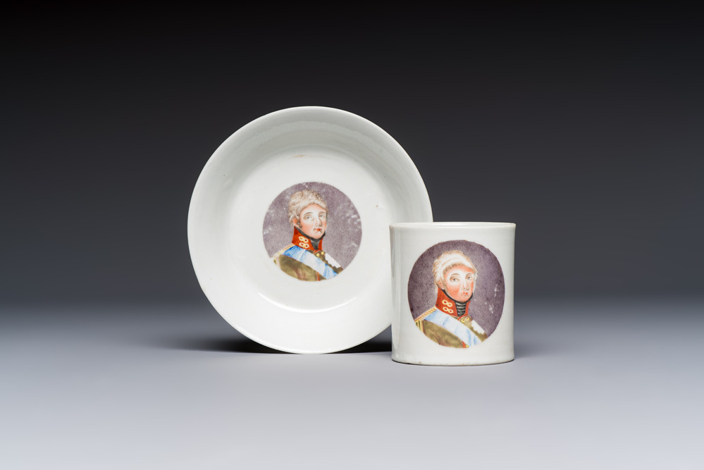 A rare Chinese 'Portrait' cup and saucer, Hervou&euml;t collection, 18/19th C.