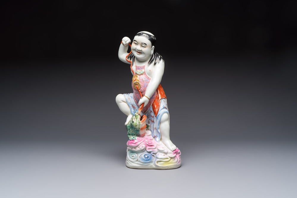 A Chinese famille rose group of Liu Hai and his three-legged toad, Wei Hongtai Zao 魏洪泰造 mark, Republic