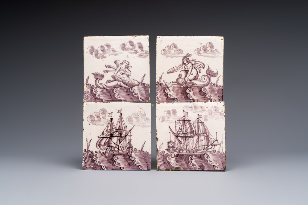Four manganese Dutch Delft 'Sea Creatures' and 'Ship' tiles, 17th C.
