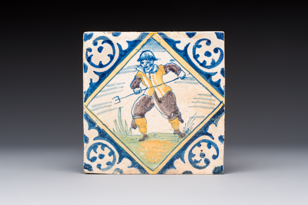 A polychrome Dutch Delft maiolica 'Soldier' diamond tile, 16th C.