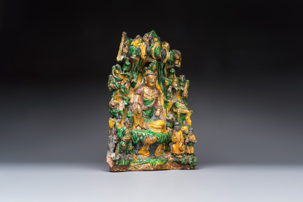 A large Chinese sancai-glazed Buddhist grotto with Guanyin and attendants, Ming