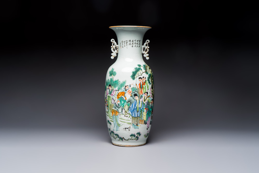 A Chinese famille rose 'Meng Mu San Qian 孟母三遷' and 'Antiquities' vase, signed Ye Yichun 葉宜春, dated 1923