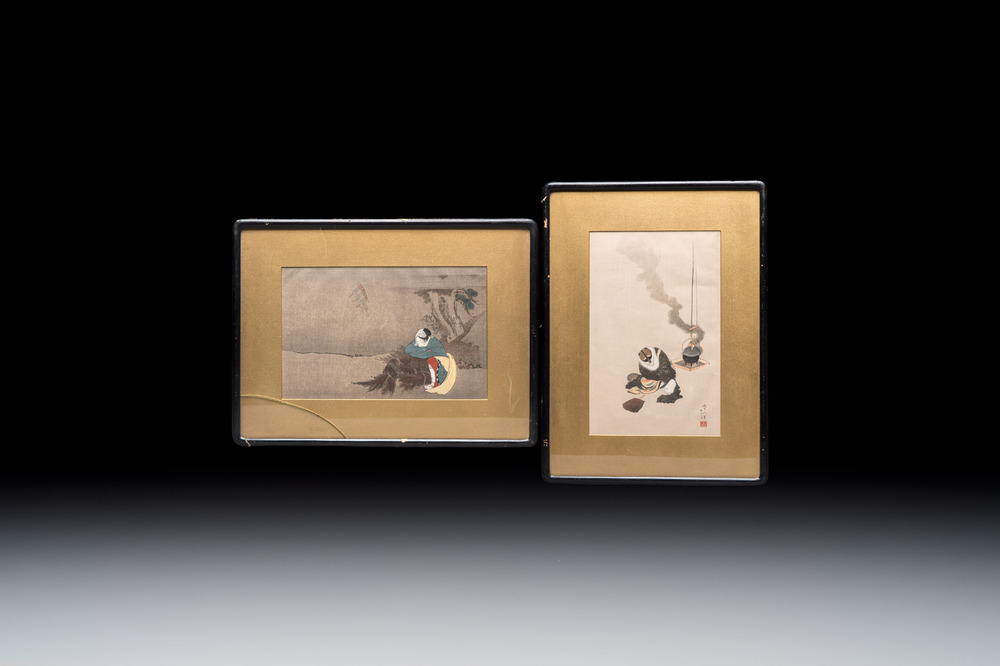 After Katsushika Hokusai (1760&ndash;1849): 'Dream of the Rush Gatherer' and 'Badger with Tea Kettle', woodblock prints, Japan, Meiji, 19/20th C.