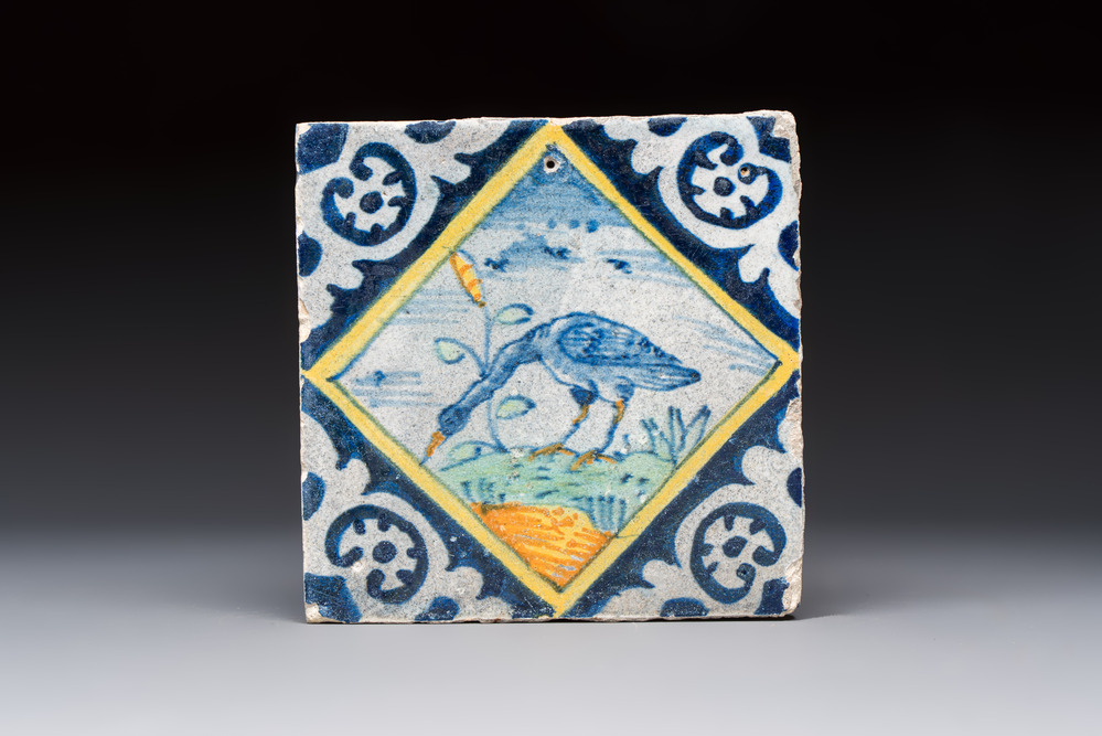 A polychrome Dutch Delft maiolica 'Heron' diamond tile, 16th C.
