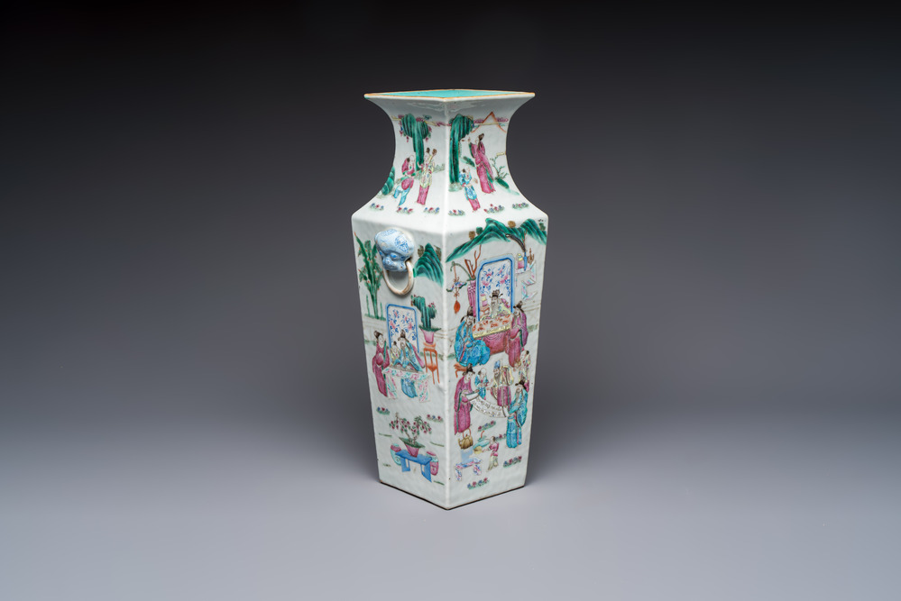 A Chinese famille rose square vase with narrative design, 19th C.