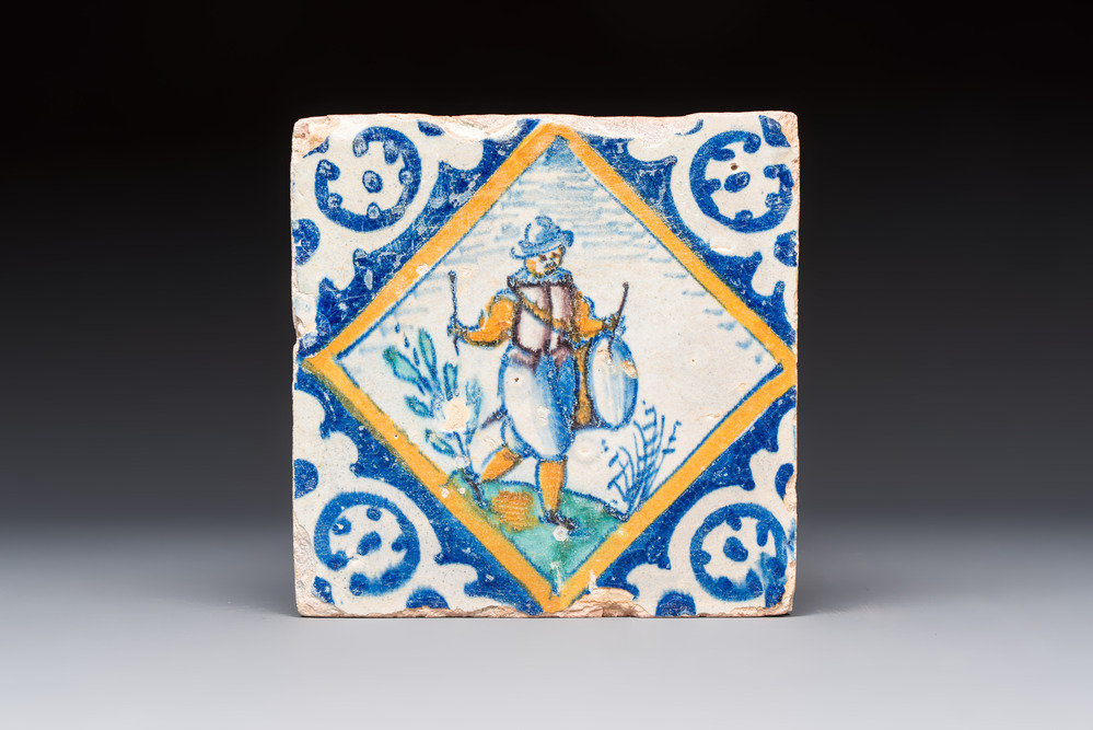 A polychrome Dutch Delft maiolica 'Drummer' diamond tile, 16th C.