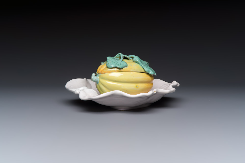 A fine polychrome Schrezheim faience 'Melon' tureen and cover, Germany, 18th C.
