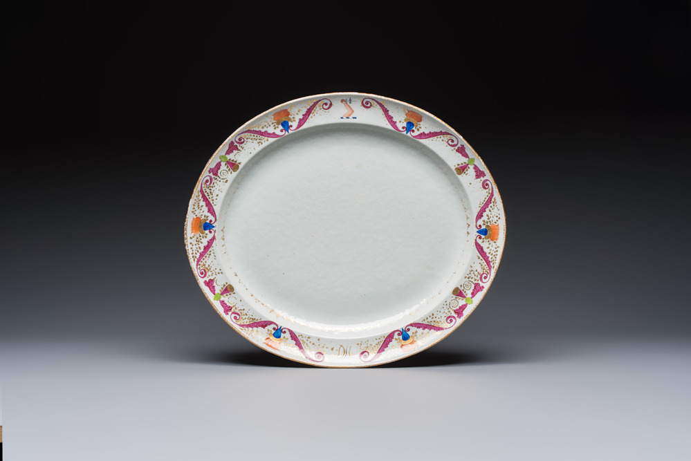 A Chinese polychrome and gilt-decorated armorial dish with the arms of McMahon, Jiaqing, ca. 1810