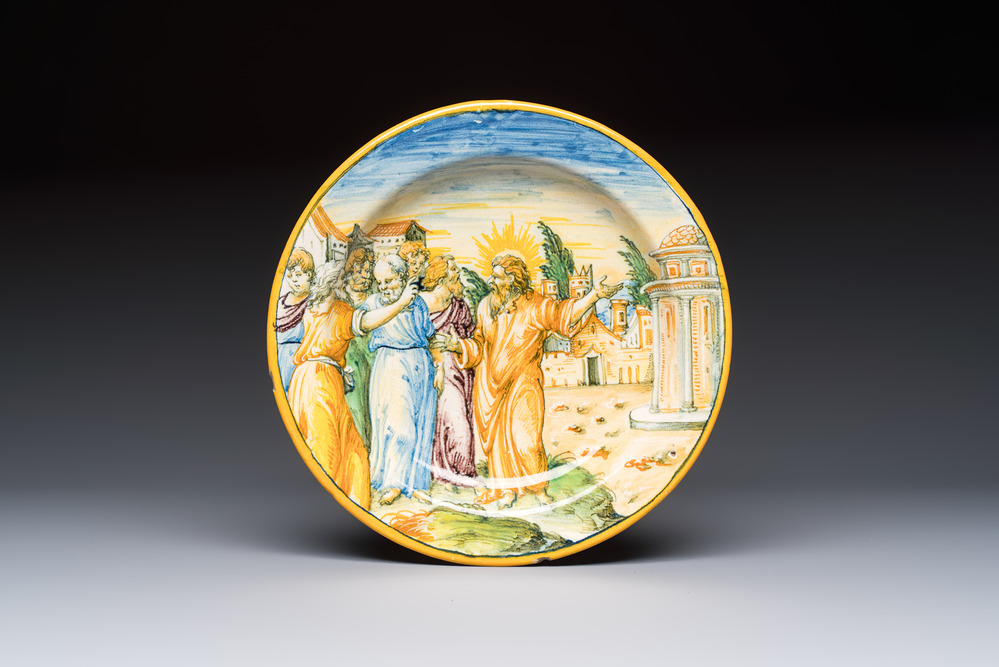 A polychrome Italian maiolica dish with Christ opposite the Temple on the Mount of Olives, Rimini, 16th C.