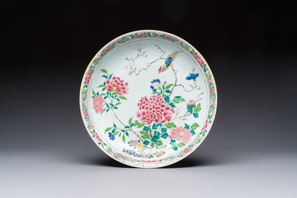 A Chinese famille rose 'Birds among Blossoming Branches' dish, Yongzheng