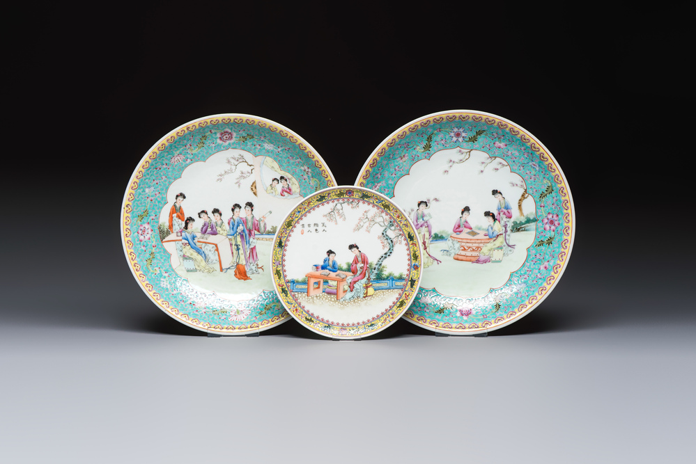Two Chinese famille rose dishes and a plate with elegant beauties, Qianlong marks, 20th C