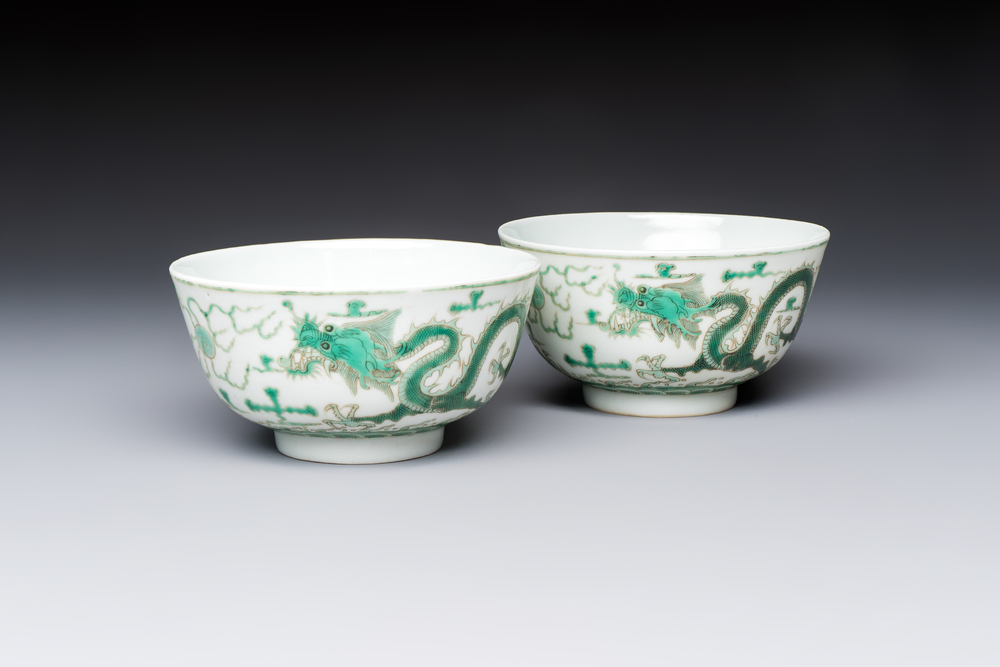 A pair of Chinese green-enamelled 'Dragon' bowls, Guangxu marks, Republic