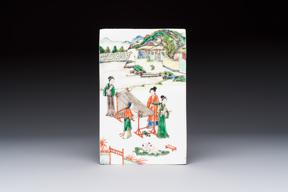 A Chinese famille verte 'Rice and Silk Production' plaque, 19th C.